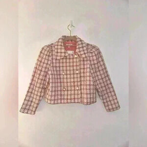 TCEC Betty Pink Plaid Double Breasted Tweed Blazer Cropped, Small, NWT